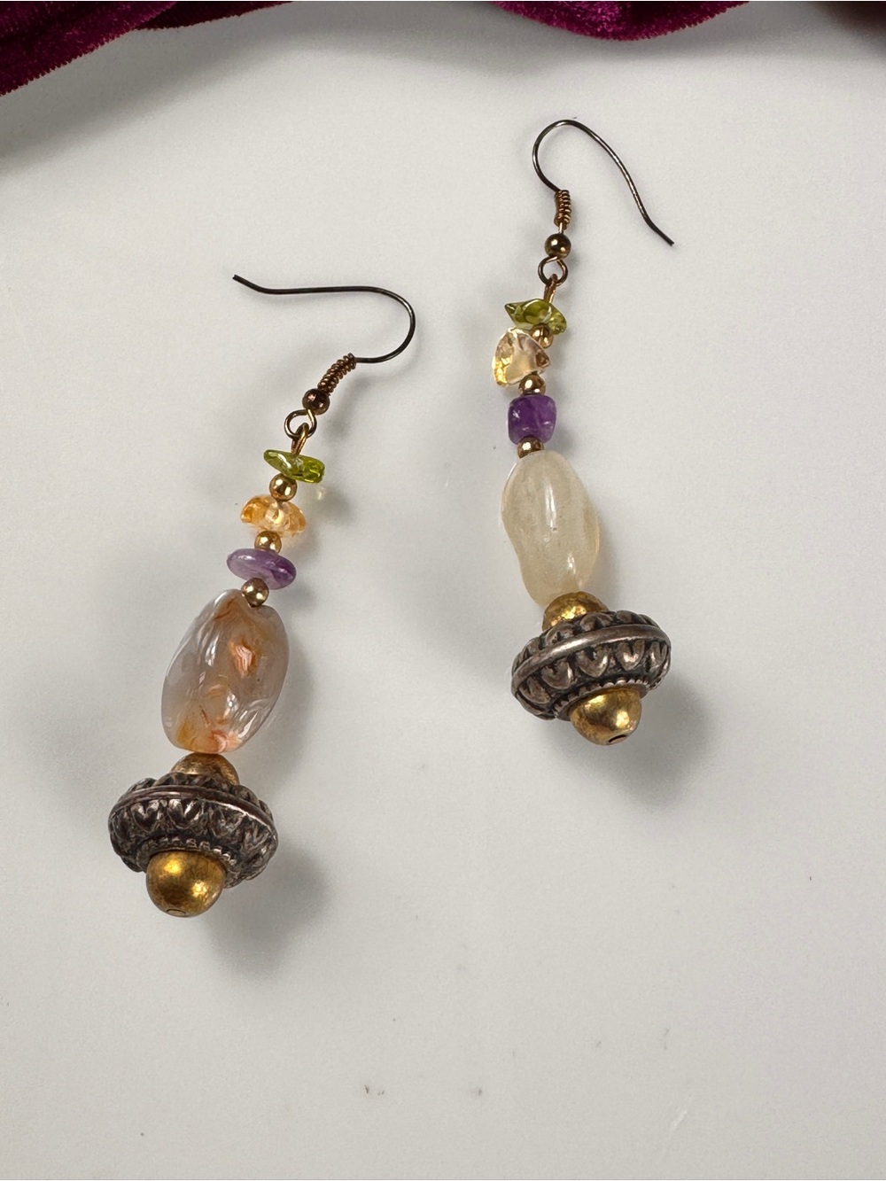Fluorite & Amethyst Stone Drop Earrings - Gold & Mixed Gem Tones - Picture 2 of 8